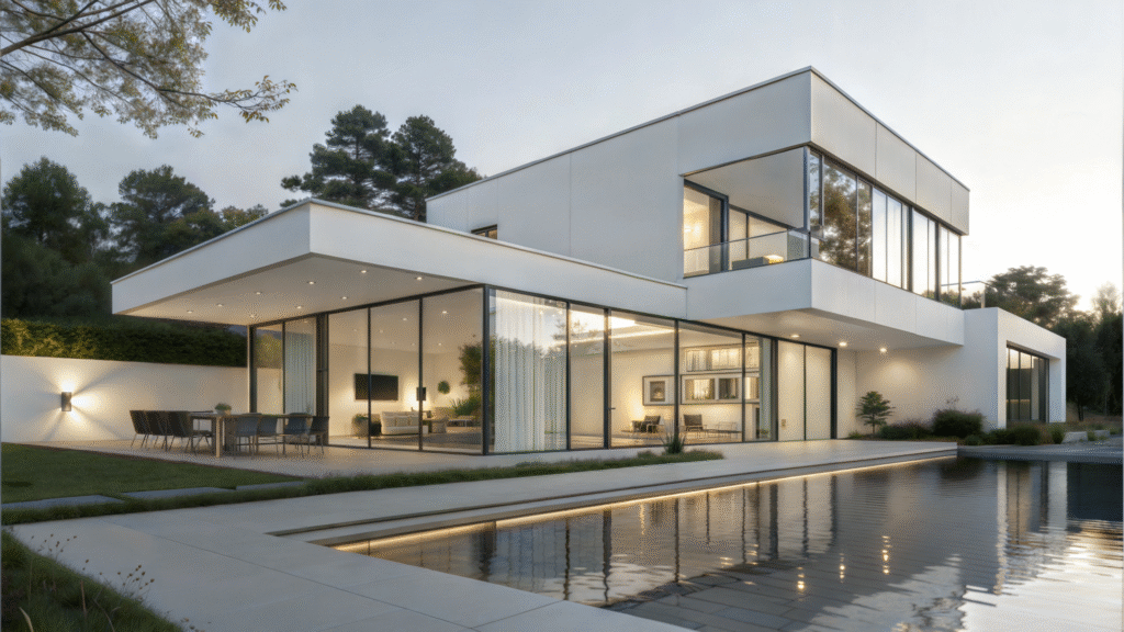Contemporary architecture with glass façade, private pool, and landscaped -Quintessentia Property Advisors