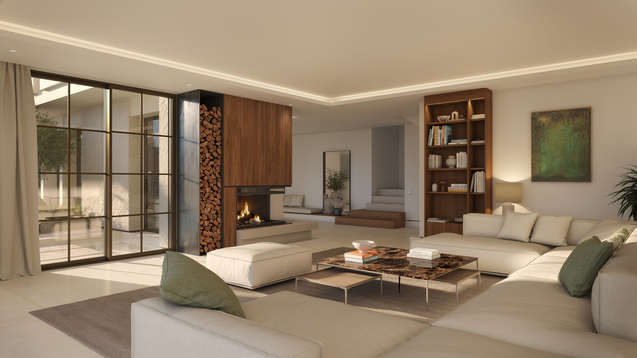 Elegant living room with fireplace and garden views in villa at Marbella Club Golf Resort Benahavís