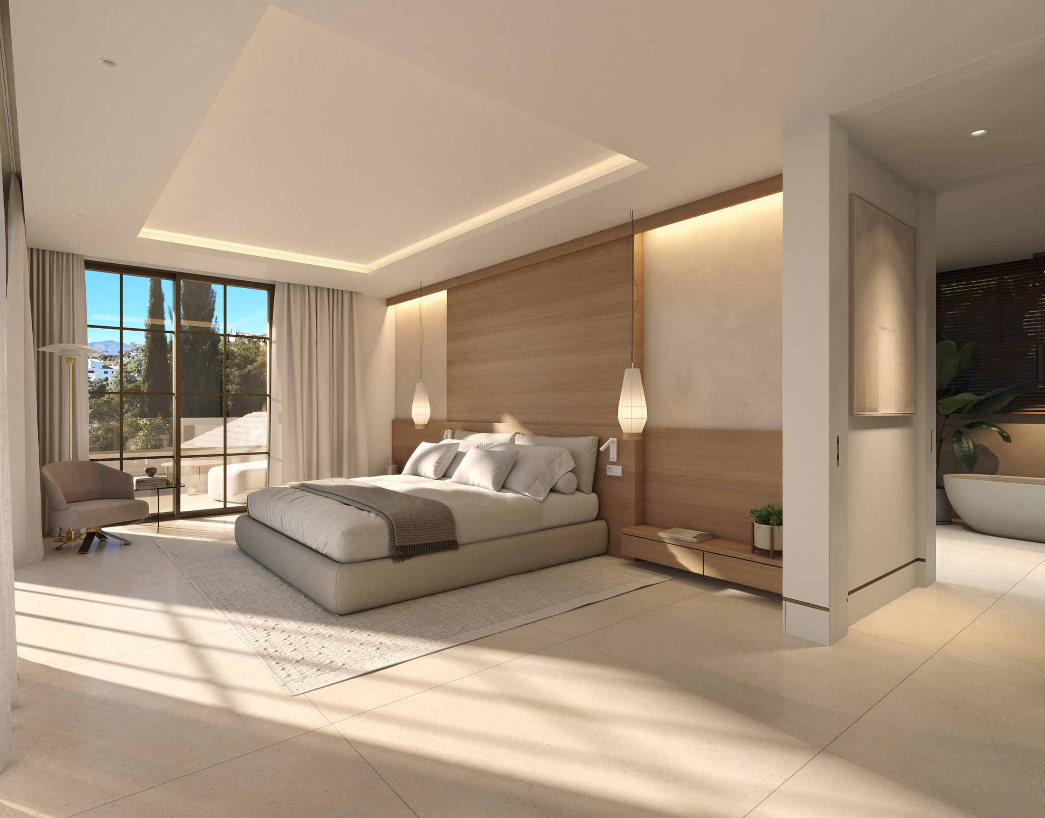 Luxury master bedroom with terrace views in a modern villa at Marbella Club Golf Resort Benahavís