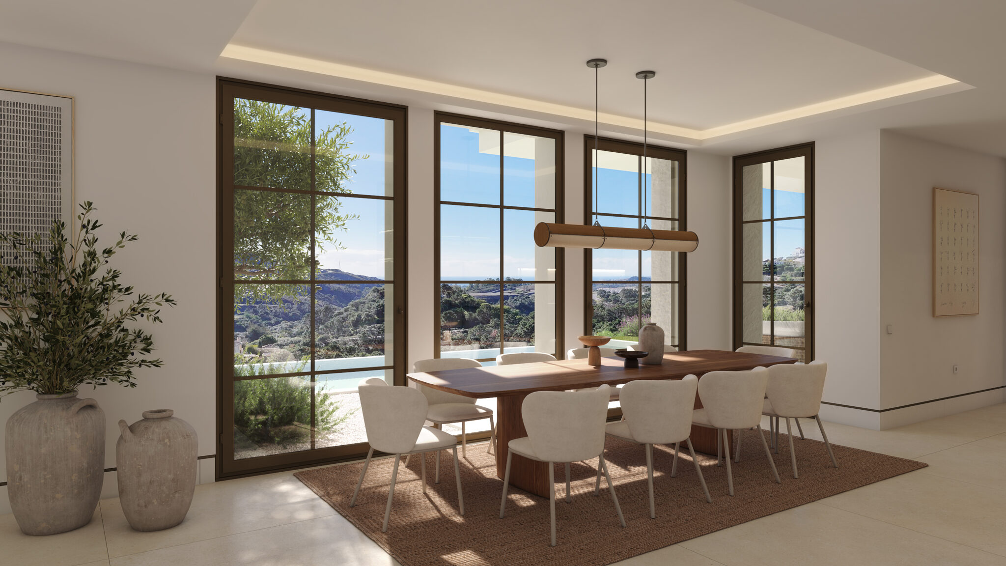 Elegant dining room in El Quejigal Villa, Marbella Club Golf Resort Benahavís with panoramic mountain and pool views.