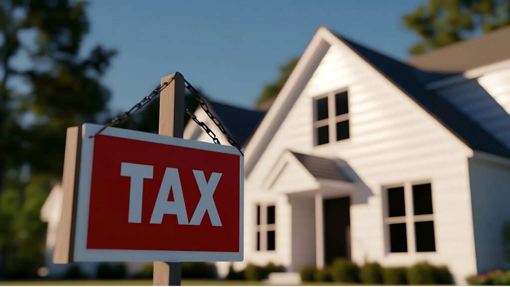 Red tax sign in front of a house symbolizing Spanish property taxes