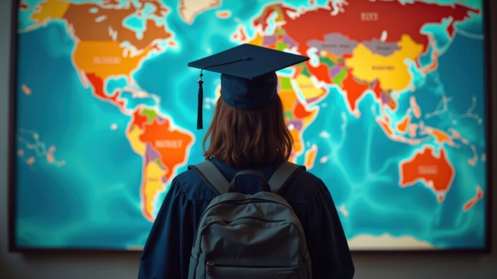 Student wearing graduation cap and backpack looking at a world map, symbolizing international education and study abroad opportunities