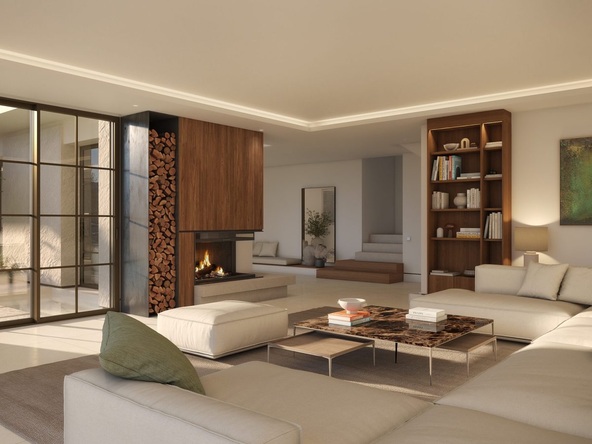 Elegant living room with fireplace and garden views in villa at Marbella Club Golf Resort Benahavís