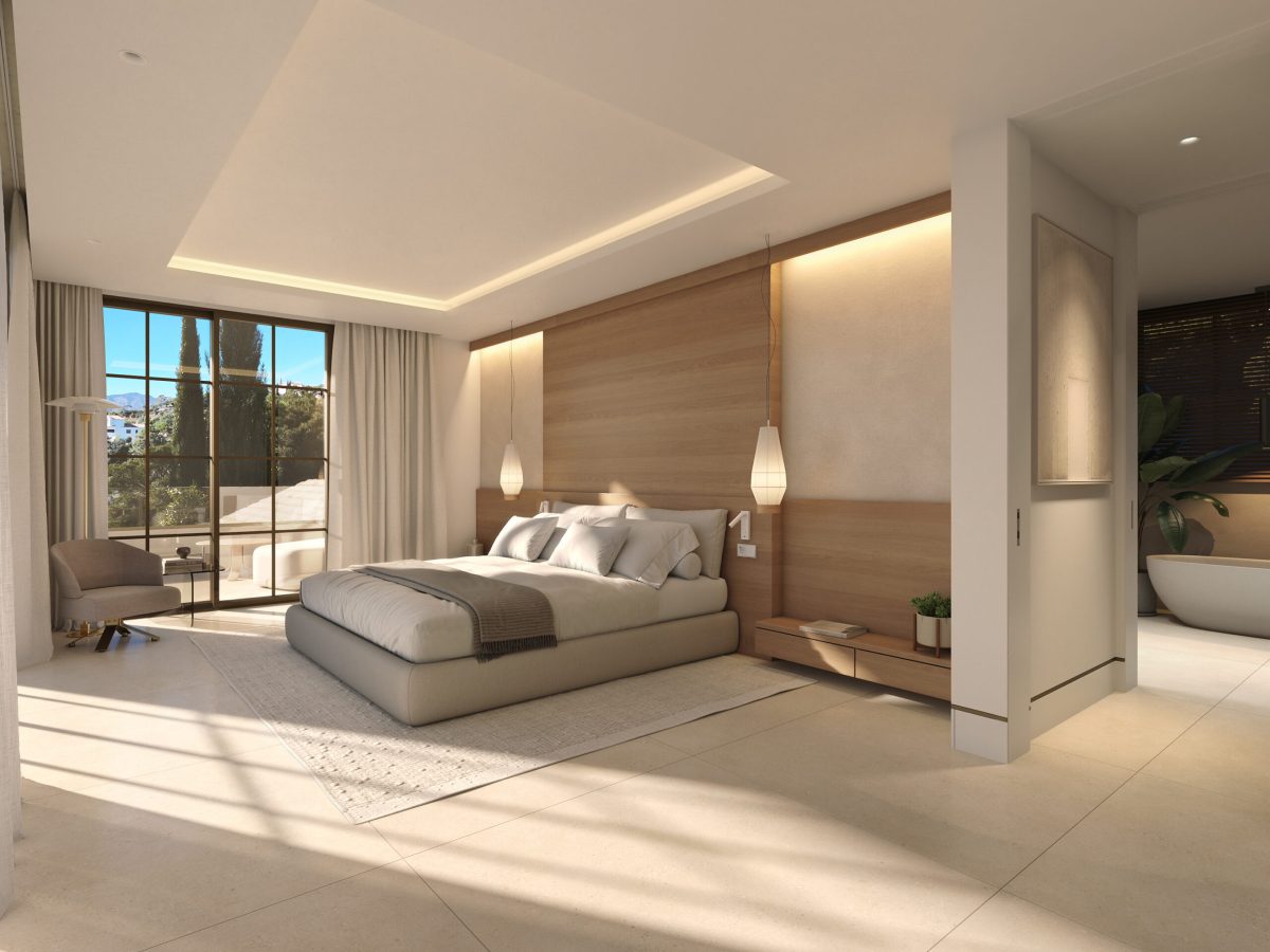 Luxury master bedroom with terrace views in a modern villa at Marbella Club Golf Resort Benahavís