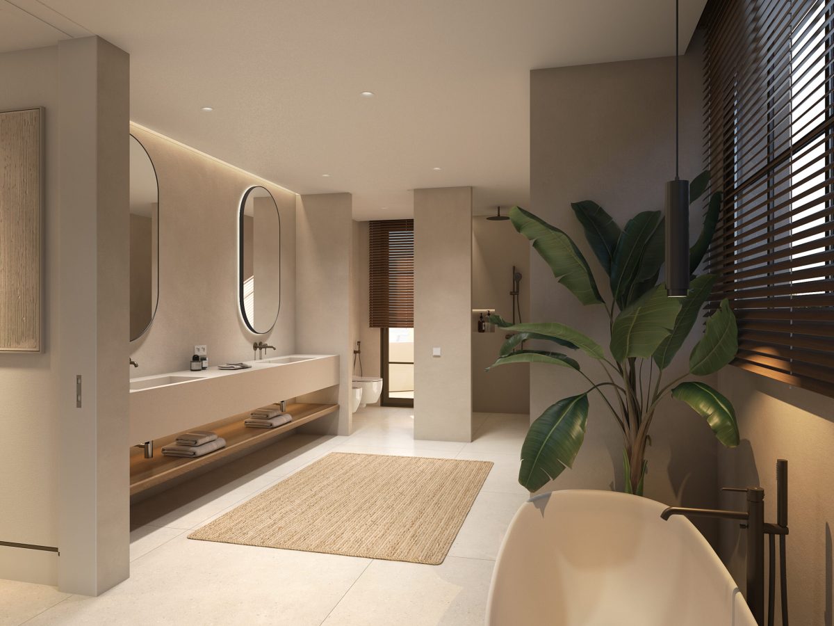 Elegant master bathroom with freestanding bathtub and modern design in El Quejigal luxury villa, Marbella Club Golf Resort Benahavís.