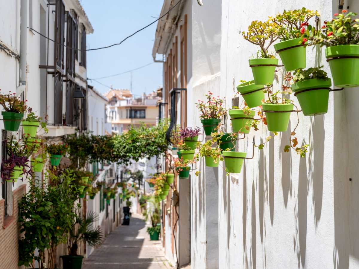Colorful flower pots hanging on whitewashed walls in a narrow street of Estepona old town, Andalusia.