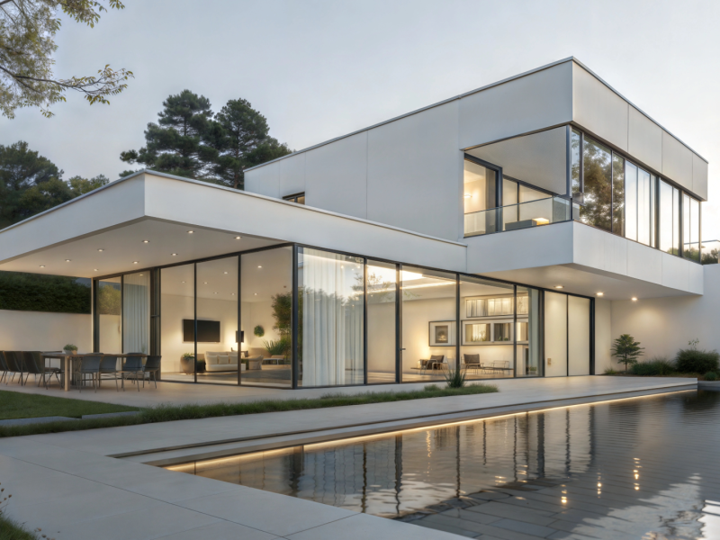 Contemporary architecture with glass façade, private pool, and landscaped -Quintessentia Property Advisors