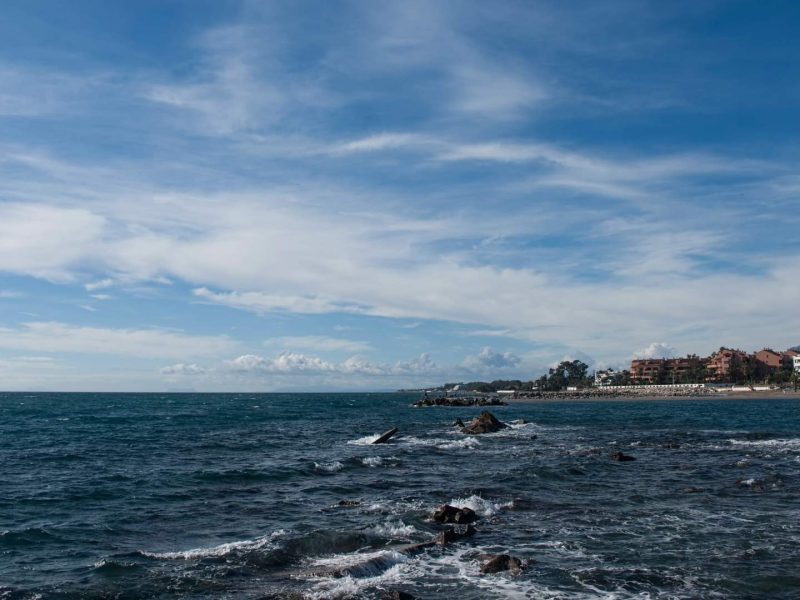 Coastal view of Nueva Andalucía, Marbella, showing the Mediterranean Sea and seaside properties along the Costa del Sol.