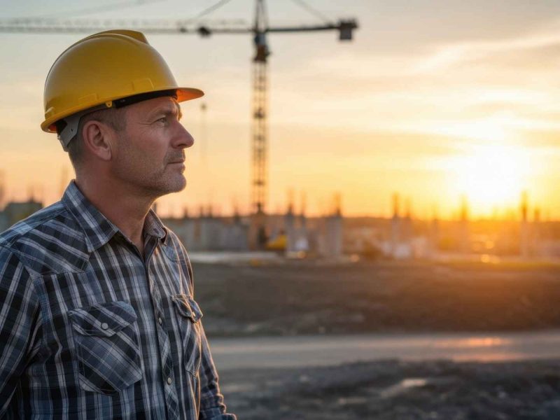 Marbella off-plan property construction site with worker at sunset.
