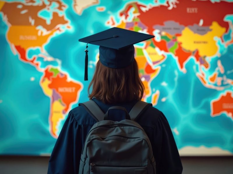 Student wearing graduation cap and backpack looking at a world map, symbolizing international education and study abroad opportunities