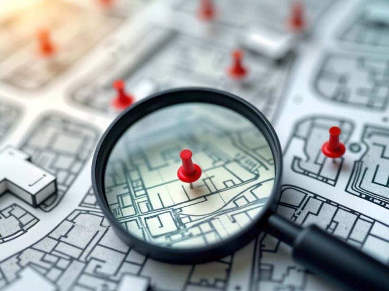 Magnifying glass highlighting property locations on a real estate map, representing the Nueva Andalucía housing market in Marbella.